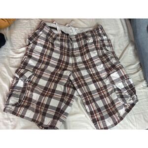 Y2K Aeropostale Mens Authentic Cargo Shorts Brown Plaid Size 33 Multi Pocket